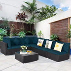 Costway Salon de Jardin en Résine Tressée 7 Pièces Beige/Bleu Marine/Gris