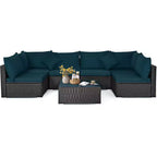 Costway Salon de Jardin en Résine Tressée 7 Pièces Beige/Bleu Marine/Gris
