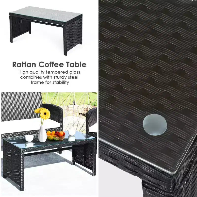 Costway Salon de jardin 8 pièces en rotin avec coussins, canapé et table, noir