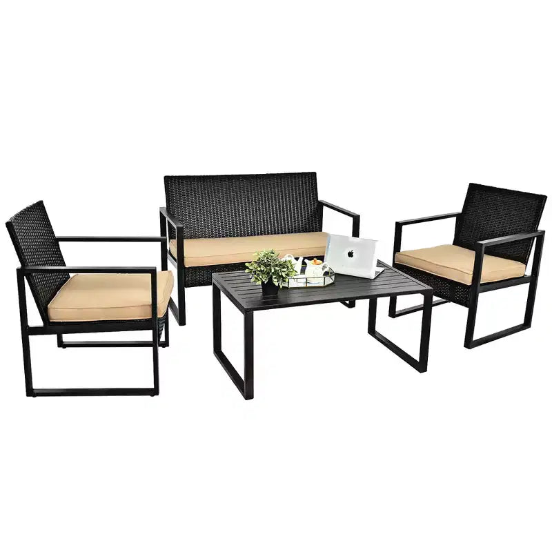Costway 4PCS Patio Rattan Furniture Set Cushioned Sofa Coffee Table Garden Deck Brown