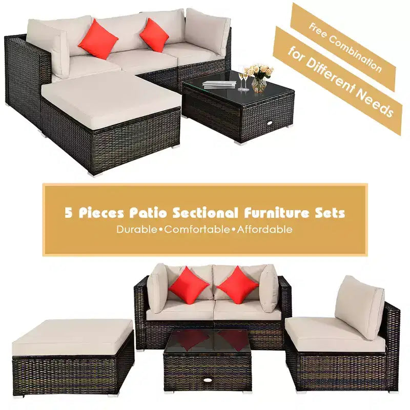 Costway 5PCS Outdoor Patio Rattan Furniture Set Sectional Conversation W/Beige Cushion