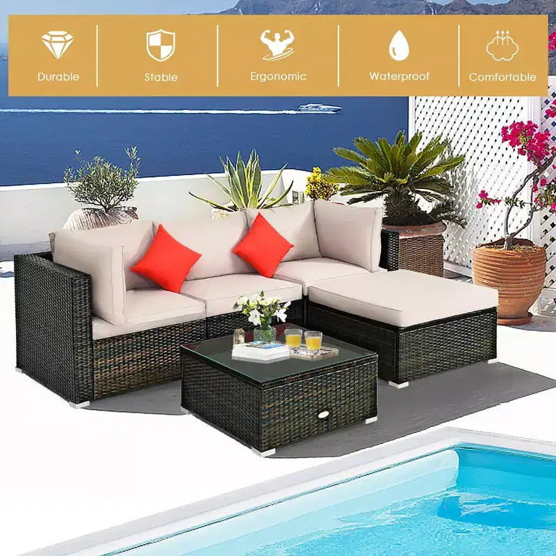 Costway 5PCS Outdoor Patio Rattan Furniture Set Sectional Conversation W/Beige Cushion