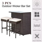 Costway Ensemble Table et 2 Tabourets de Bar en Rotin pour Patio, Chaises Rembourrées pour Jardin