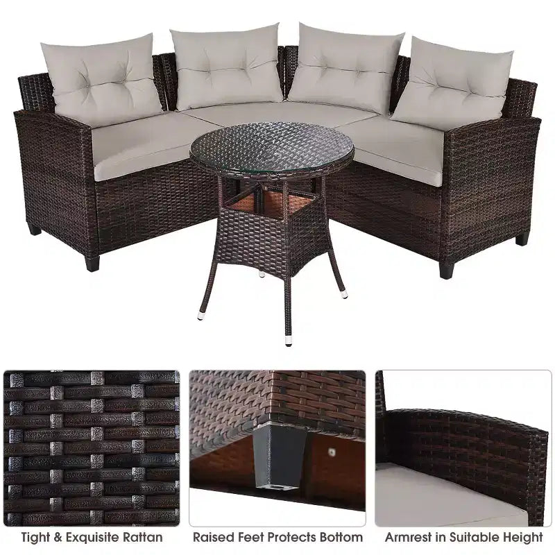 Costway 4PCS Outdoor Patio Rattan Furniture Set Cushioned Sofa Table