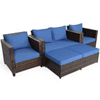 Costway 5PCS Patio Rattan Furniture Set Loveseat Sofa Ottoman Cushioned Red\White