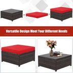 Costway 5PCS Patio Rattan Furniture Set Loveseat Sofa Ottoman Cushioned Red\White