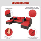 Costway 5PCS Patio Rattan Furniture Set Loveseat Sofa Ottoman Cushioned Red\White