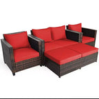 Costway 5PCS Patio Rattan Furniture Set Loveseat Sofa Ottoman Cushioned Red\White