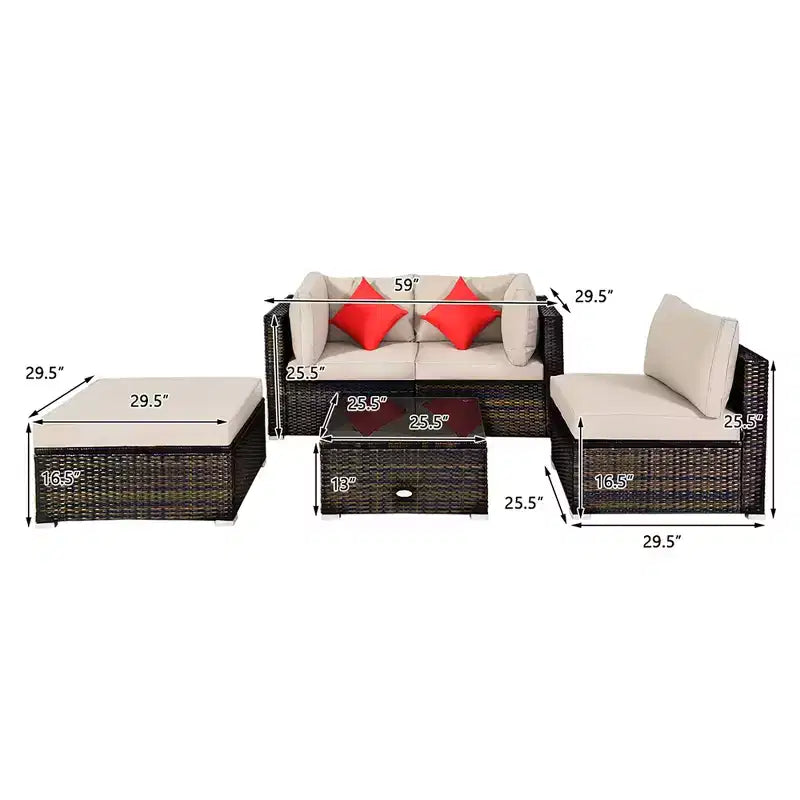 Costway 5PCS Patio Rattan Furniture Set Sectional Conversation W/Beige Cushion