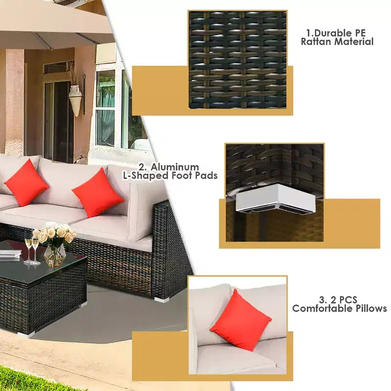 Costway 5PCS Patio Rattan Furniture Set Sectional Conversation W/Beige Cushion