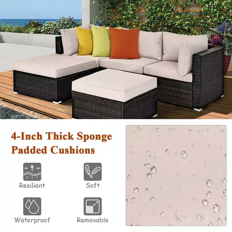 Costway Ensemble de Meubles de Patio en Rotin 5 Pièces avec Table Ottomane Beige