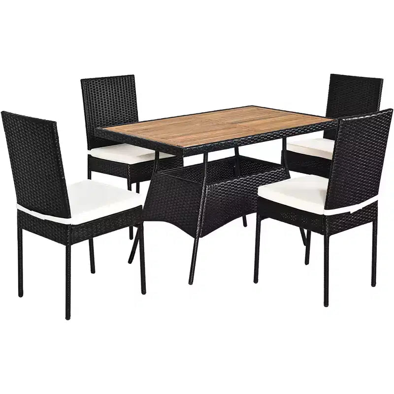 Costway Salon de Jardin 5 Pièces en Résine Tressée, Table Plateau Bois, Fauteuils Rembourrés pour Patio, Jardin, Terrasse