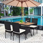 Costway Salon de Jardin 5 Pièces en Résine Tressée, Table Plateau Bois, Fauteuils Rembourrés pour Patio, Jardin, Terrasse