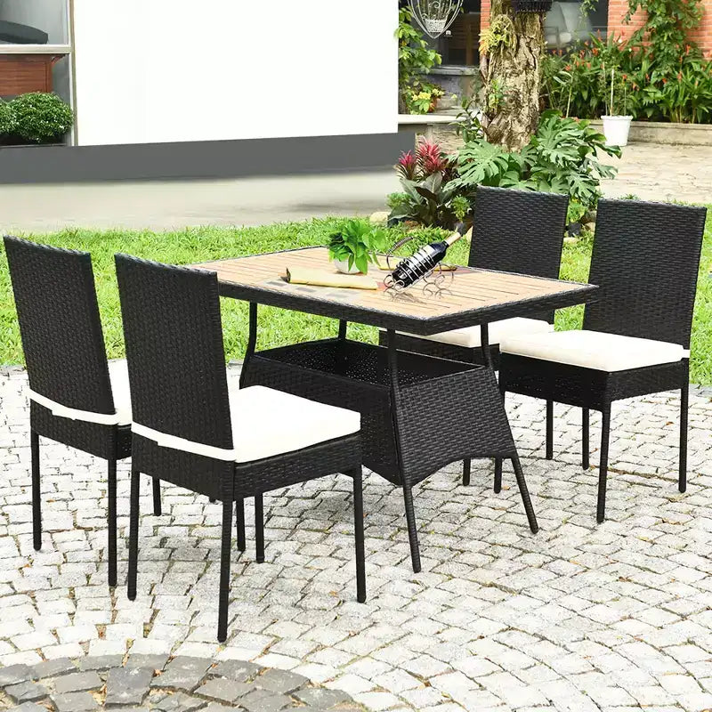 Costway Salon de Jardin 5 Pièces en Résine Tressée, Table Plateau Bois, Fauteuils Rembourrés pour Patio, Jardin, Terrasse