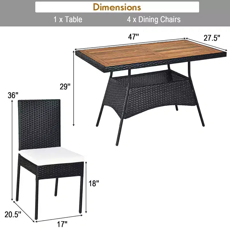 Costway Salon de Jardin 5 Pièces en Résine Tressée, Table Plateau Bois, Fauteuils Rembourrés pour Patio, Jardin, Terrasse