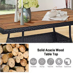 Costway Salon de Jardin 5 Pièces en Résine Tressée, Table Plateau Bois, Fauteuils Rembourrés pour Patio, Jardin, Terrasse