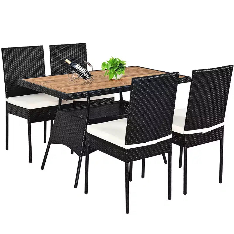 Costway Salon de Jardin 5 Pièces en Résine Tressée, Table Plateau Bois, Fauteuils Rembourrés pour Patio, Jardin, Terrasse
