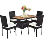 Costway Salon de Jardin 5 Pièces en Résine Tressée, Table Plateau Bois, Fauteuils Rembourrés pour Patio, Jardin, Terrasse
