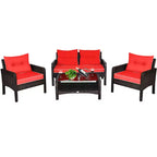 Costway 4PCS Patio Rattan Furniture Set Loveseat Sofa Coffee Table Garden W/Red Cushion