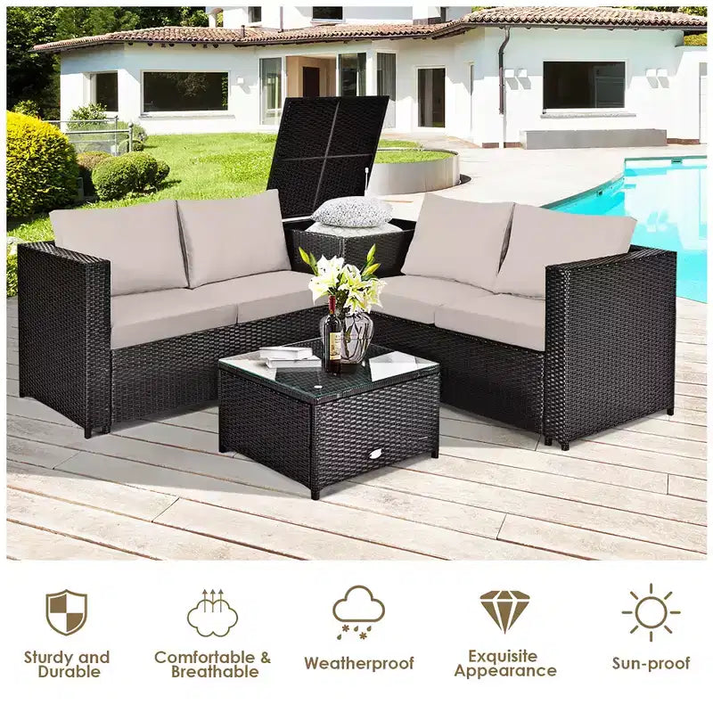 Costway 4PCS Outdoor Patio Rattan Furniture Set Cushioned Loveseat Storage Table
