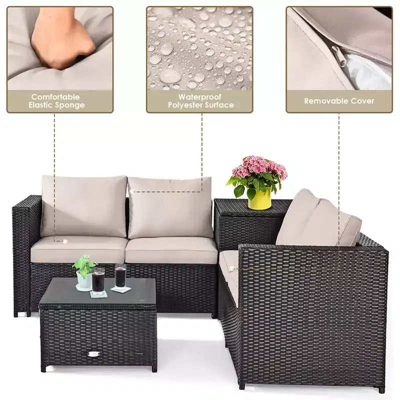 Costway 4PCS Outdoor Patio Rattan Furniture Set Cushioned Loveseat Storage Table
