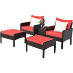 Costway Ensemble Meubles de Patio 5 Pièces en Rotin Canapé Ottomane Table Coussins Jardin Rouge