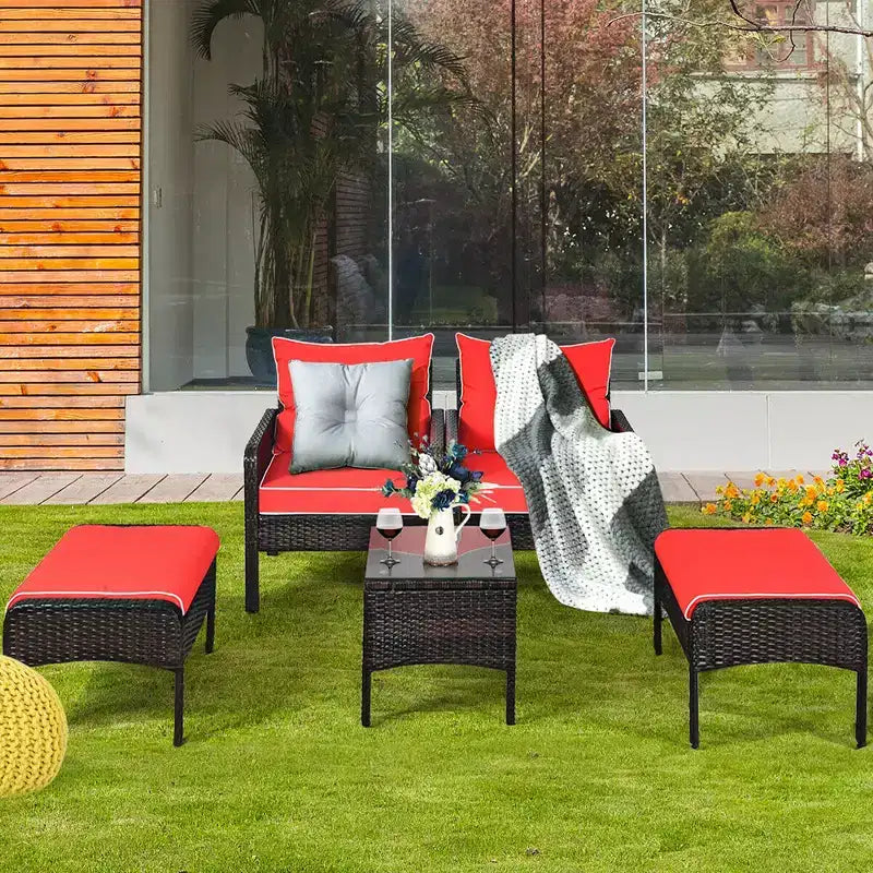 Costway Ensemble Meubles de Patio 5 Pièces en Rotin Canapé Ottomane Table Coussins Jardin Rouge