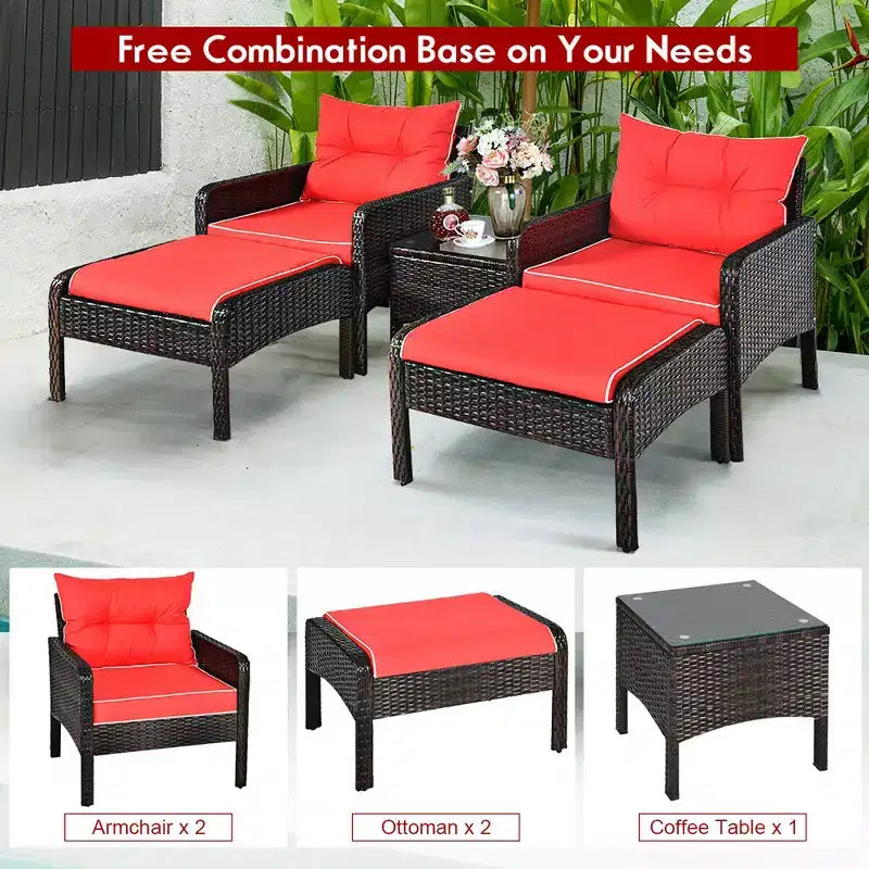Costway Ensemble Meubles de Patio 5 Pièces en Rotin Canapé Ottomane Table Coussins Jardin Rouge
