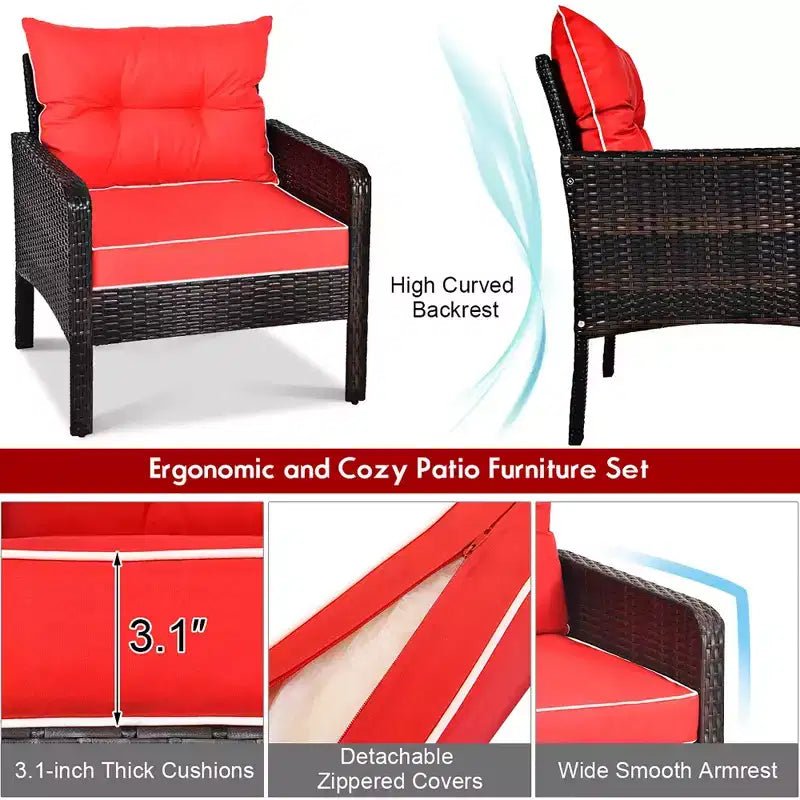 Costway Ensemble Meubles de Patio 5 Pièces en Rotin Canapé Ottomane Table Coussins Jardin Rouge