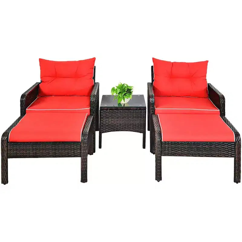 Costway Ensemble Meubles de Patio 5 Pièces en Rotin Canapé Ottomane Table Coussins Jardin Rouge