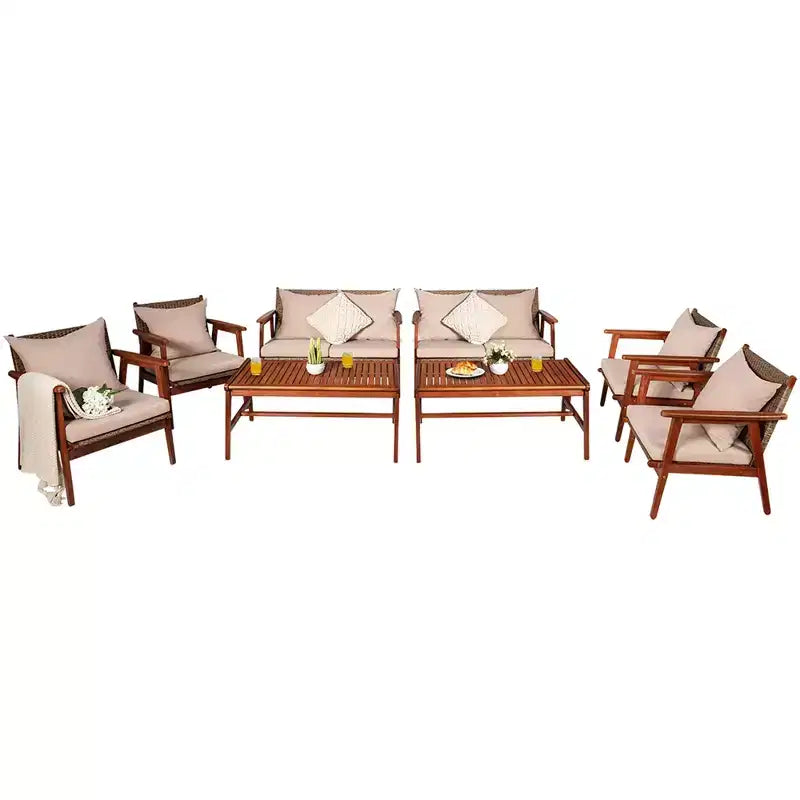 Costway Salon de Jardin 8 Pièces en Rotin, Cadre en Bois d'Acacia, Chaises et Canapé Rembourrés