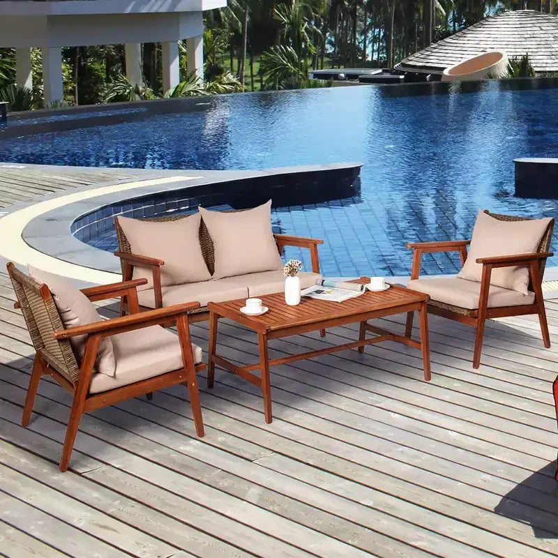 Costway Salon de Jardin 8 Pièces en Rotin, Cadre en Bois d'Acacia, Chaises et Canapé Rembourrés