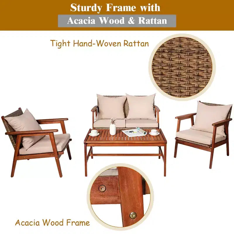 Costway Salon de Jardin 8 Pièces en Rotin, Cadre en Bois d'Acacia, Chaises et Canapé Rembourrés