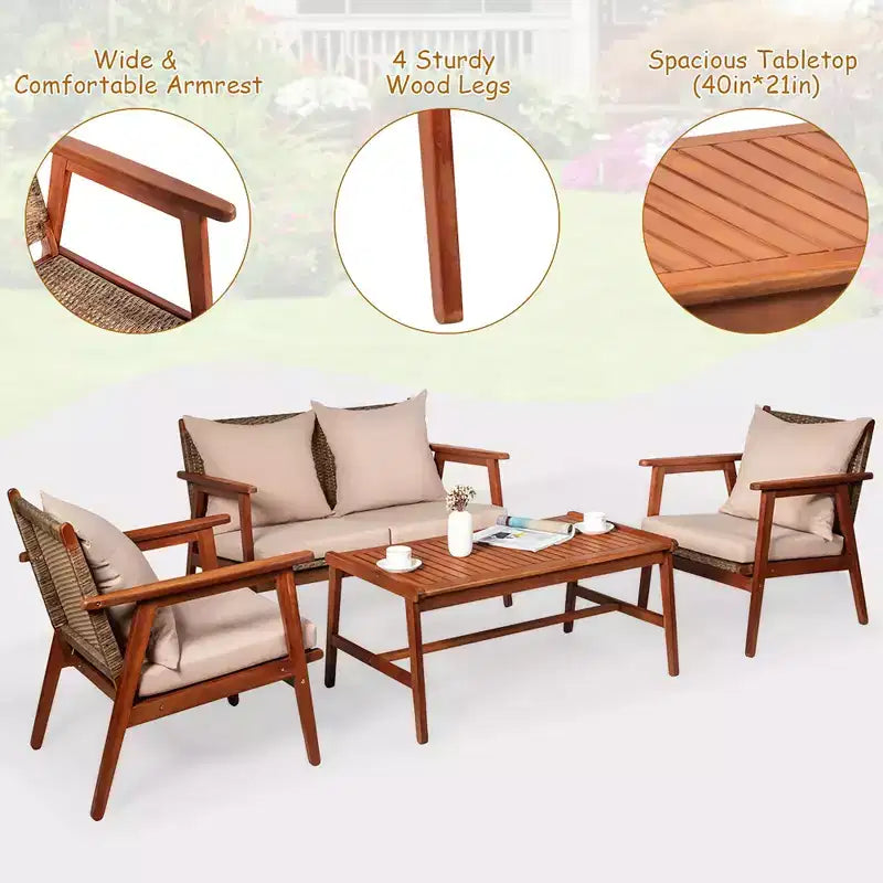 Costway Salon de Jardin 8 Pièces en Rotin, Cadre en Bois d'Acacia, Chaises et Canapé Rembourrés
