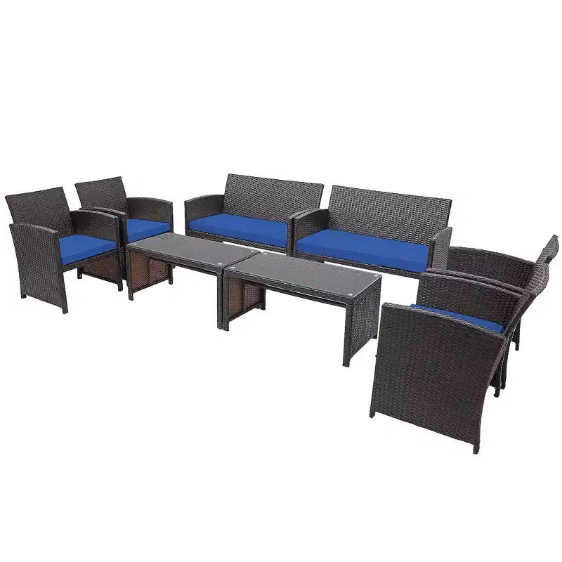 Costway Ensemble de Meubles de Jardin en Rotin 8 Pièces Fauteuil Rembourré Canapé Table Basse Blanc/Bleu Marine/Turquoise/Rouge