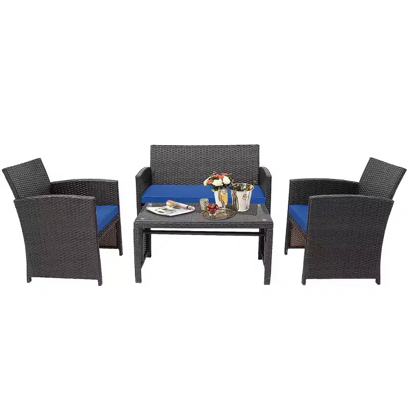 Costway Ensemble de Meubles de Jardin en Rotin 8 Pièces Fauteuil Rembourré Canapé Table Basse Blanc/Bleu Marine/Turquoise/Rouge