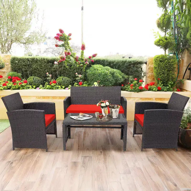 Costway Ensemble de Meubles de Jardin en Rotin 8 Pièces Fauteuil Rembourré Canapé Table Basse Blanc/Bleu Marine/Turquoise/Rouge