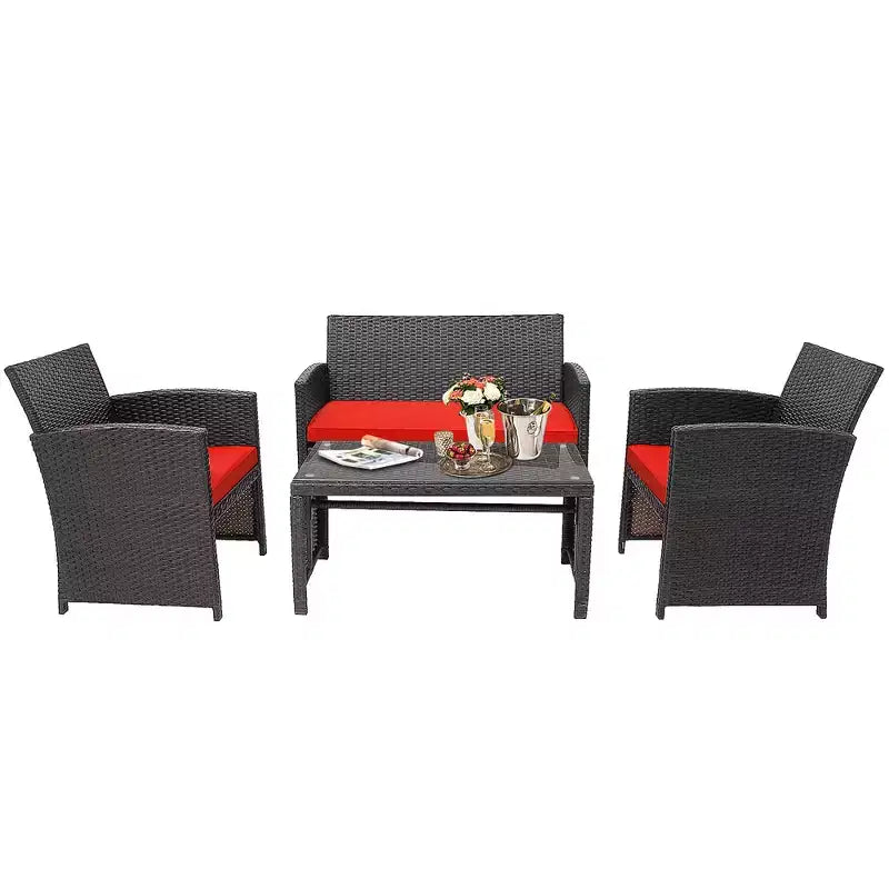 Costway Ensemble de Meubles de Jardin en Rotin 8 Pièces Fauteuil Rembourré Canapé Table Basse Blanc/Bleu Marine/Turquoise/Rouge