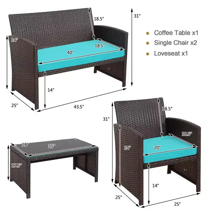 Costway Ensemble de Meubles de Jardin en Rotin 8 Pièces Fauteuil Rembourré Canapé Table Basse Blanc/Bleu Marine/Turquoise/Rouge