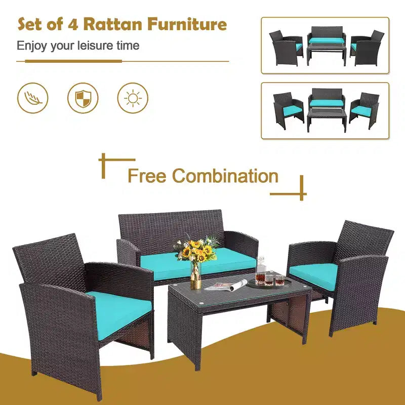 Costway Ensemble de Meubles de Jardin en Rotin 8 Pièces Fauteuil Rembourré Canapé Table Basse Blanc/Bleu Marine/Turquoise/Rouge