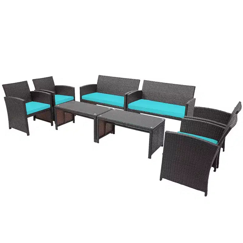 Costway Ensemble de Meubles de Jardin en Rotin 8 Pièces Fauteuil Rembourré Canapé Table Basse Blanc/Bleu Marine/Turquoise/Rouge