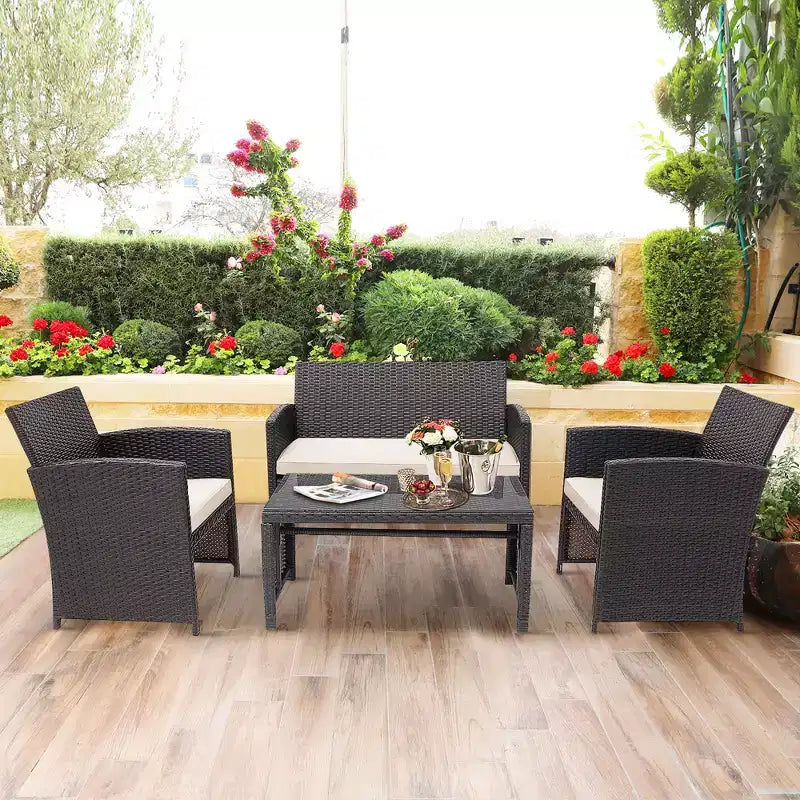 Costway Ensemble de Meubles de Jardin en Rotin 8 Pièces Fauteuil Rembourré Canapé Table Basse Blanc/Bleu Marine/Turquoise/Rouge