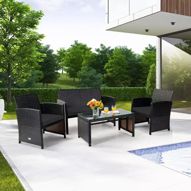Costway Ensemble de Meubles de Jardin en Rotin 8 Pièces Fauteuil Rembourré Canapé Table Basse Blanc/Bleu Marine/Turquoise/Rouge