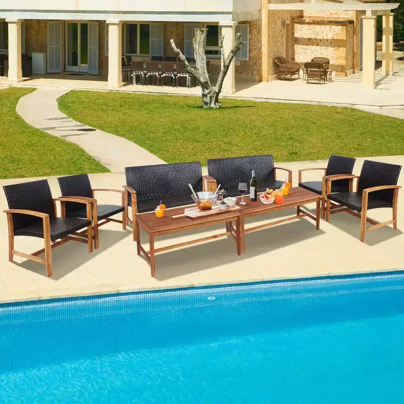 Costway 8PCS Outdoor Patio Rattan Furniture Set Acacia Wood Frame Sofa Loveseat Garden