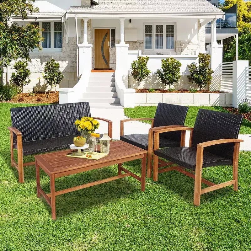 Costway 8PCS Outdoor Patio Rattan Furniture Set Acacia Wood Frame Sofa Loveseat Garden
