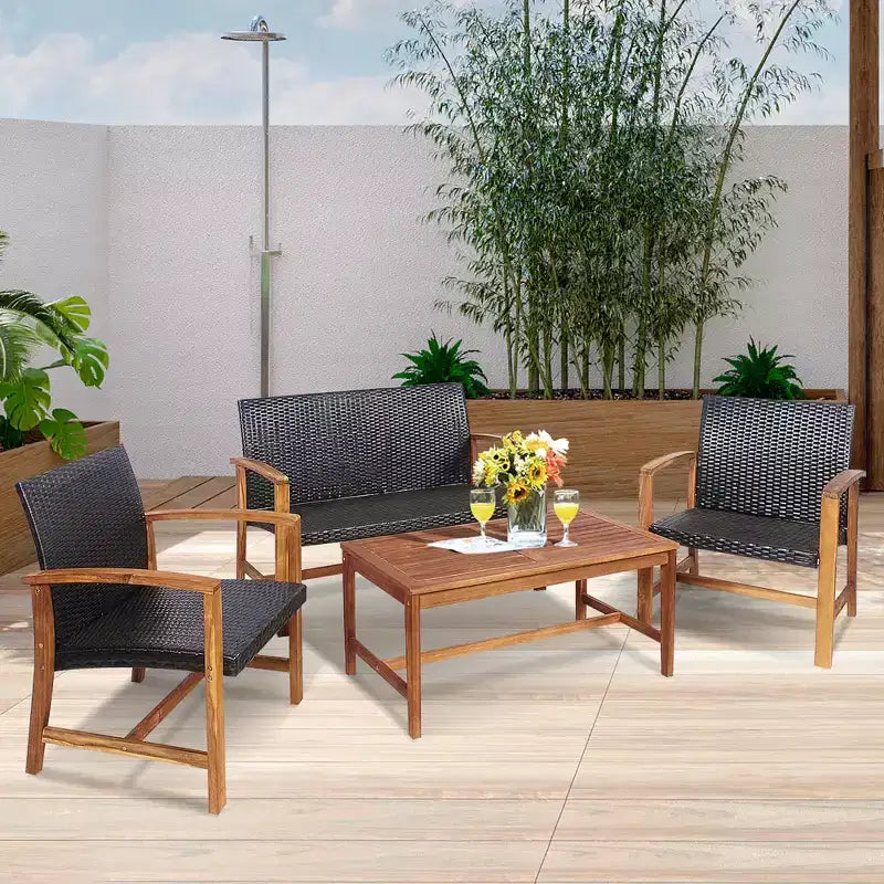 Costway 8PCS Outdoor Patio Rattan Furniture Set Acacia Wood Frame Sofa Loveseat Garden
