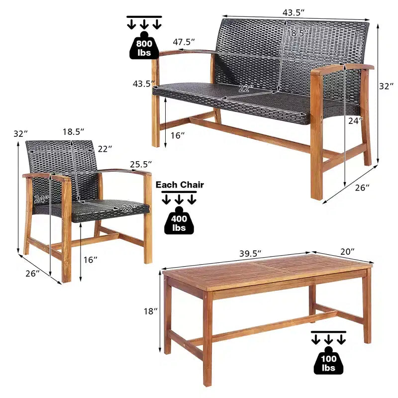 Costway 8PCS Outdoor Patio Rattan Furniture Set Acacia Wood Frame Sofa Loveseat Garden