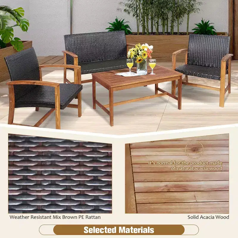 Costway 8PCS Outdoor Patio Rattan Furniture Set Acacia Wood Frame Sofa Loveseat Garden