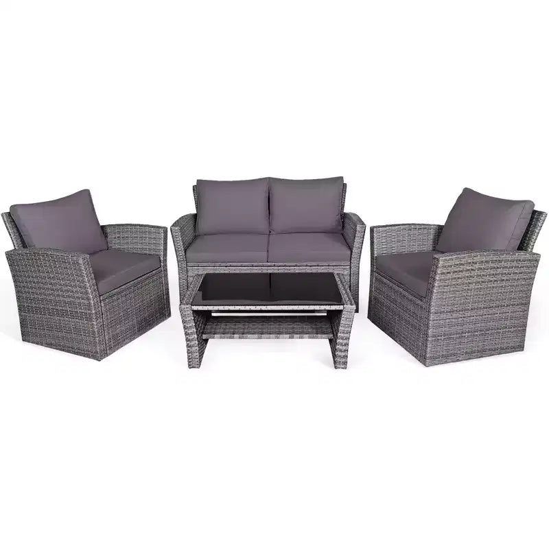 Costway Ensemble de Meubles de Patio en Rotin 4 Pièces Canapé Table Étagère de Rangement Coussins Rouge/Gris