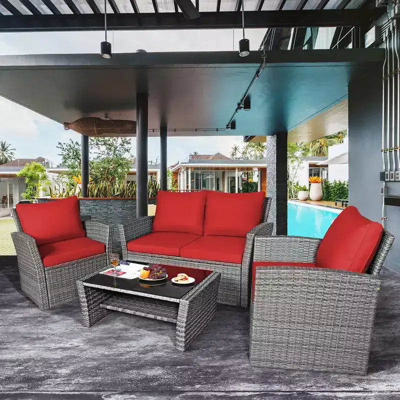 Costway Ensemble de Meubles de Patio en Rotin 4 Pièces Canapé Table Étagère de Rangement Coussins Rouge/Gris